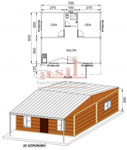 42 m² 2+1 ÇATI+VERANDALI DIŞ AHŞAP DESENLİ BETOPAN, İÇ PVC KONUT