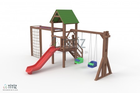 TEK KULELİ DÜZ KAYDIRAKLI TIRMANMALI AHŞAP ÇOCUK OYUN PARKI