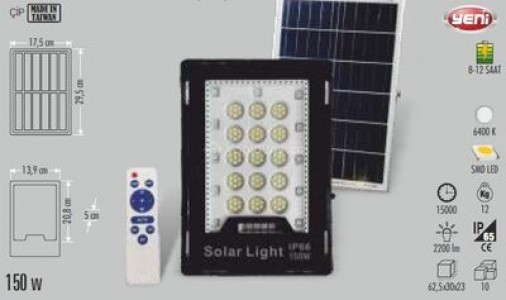 Daruma 150w Solar Led Sokak Projektör (Kumandalı)