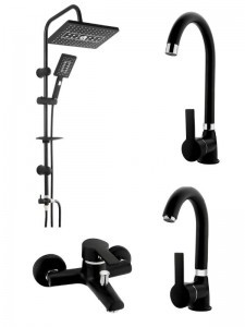 Delta Mix Eviye, Lavabo, Banyo Bataaryası + Tepe Duş 4`lü Siyah Set