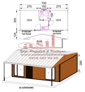 21 m² 1+1 DIŞ AHŞAP DESENLİ BETOPAN, İÇ BETOPAN ÇATI+VERANDALI KONUT