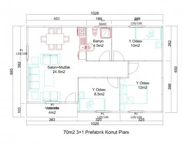 70m2 Kullanışlı, Şık,Fonksyonel, Konforlu 3+1 Prefabrik Ev